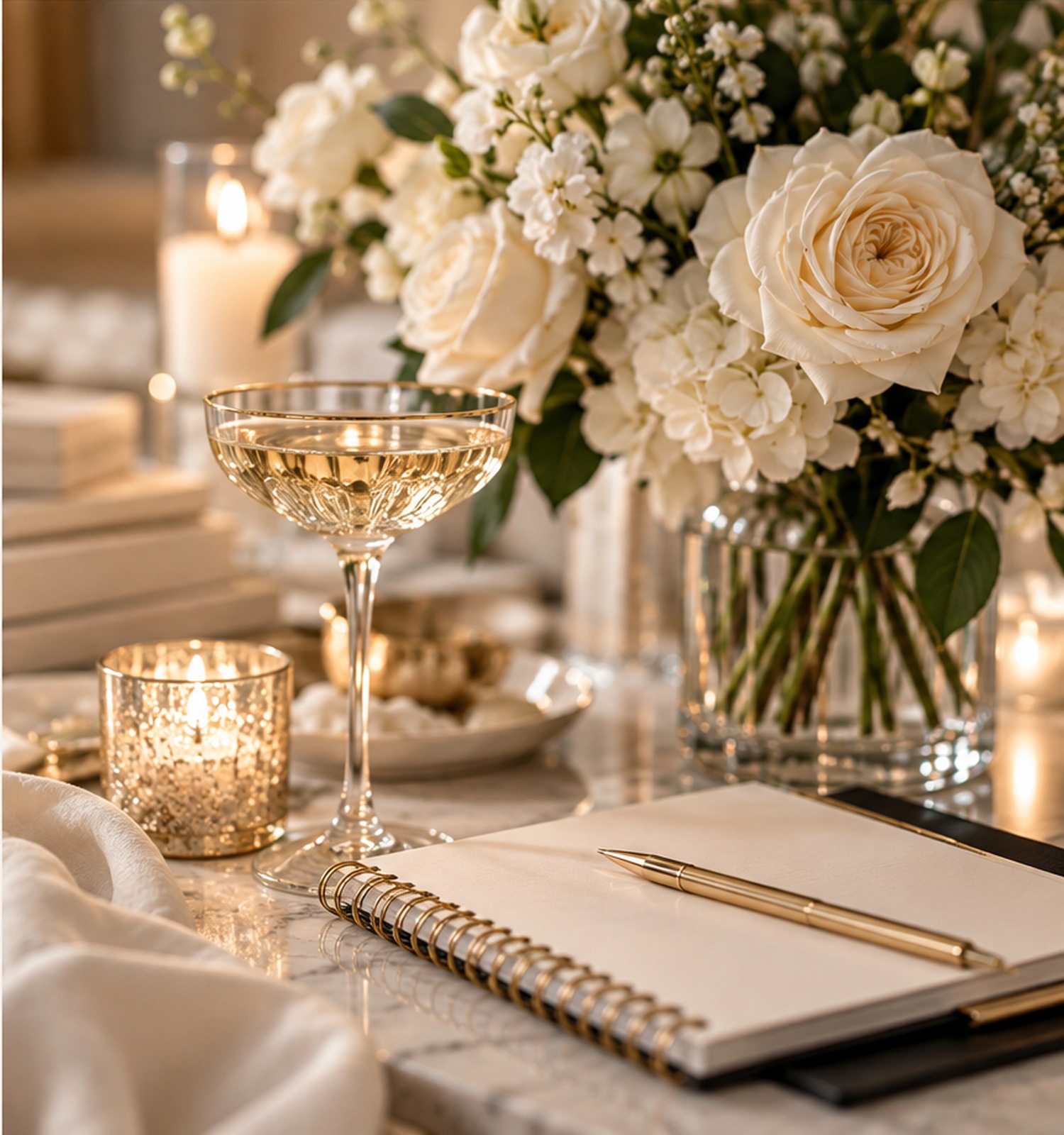 Ivory wedding florals, champagne glassware, candlelight, blank planner and gold pen