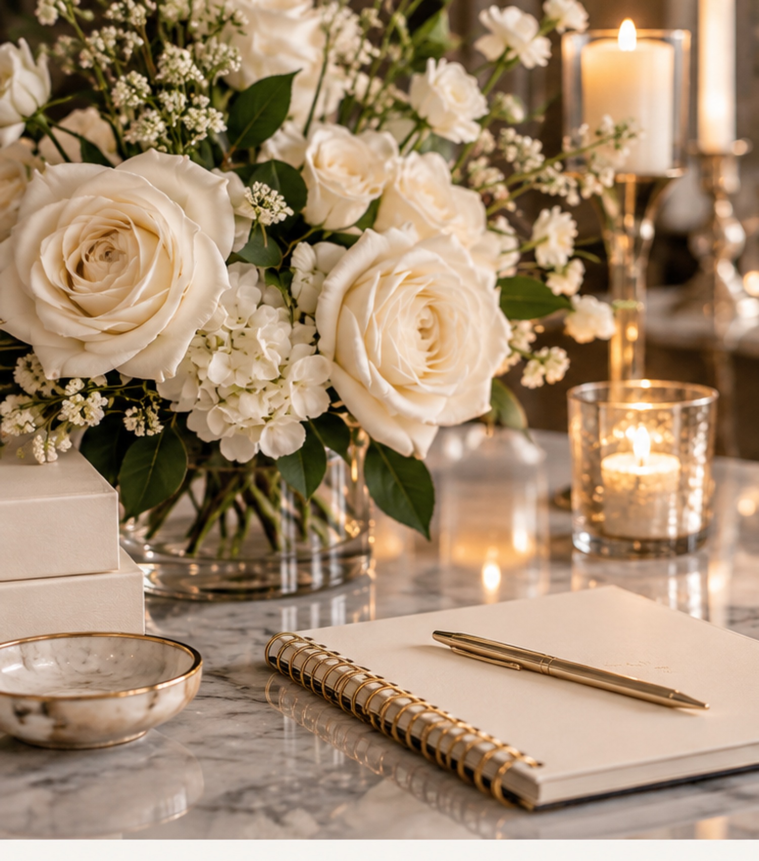 Ivory wedding florals, candlelight, marble and blank planning notebook